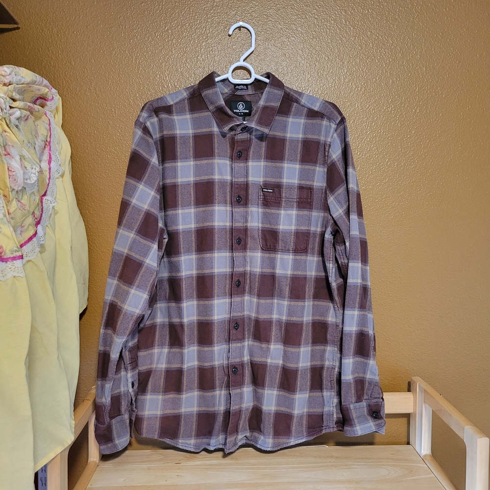 Volcom Plaid Button Down Shirt in Brown and Gray